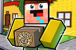 Personaje pixelado con expresión divertida sosteniendo una caja de pizza en un entorno urbano colorido
