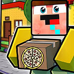 Personaje pixelado con expresión divertida sosteniendo una caja de pizza en un entorno urbano colorido