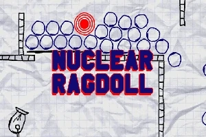 Título Nuclear Ragdoll en letras rojas y azules rodeado de círculos y una diana roja sobre un fondo de papel cuadriculado arrugado