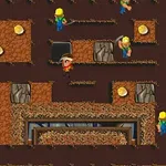 Minero con sombrero cavando túneles en un laberinto rodeado de obreros con cascos y monedas doradas