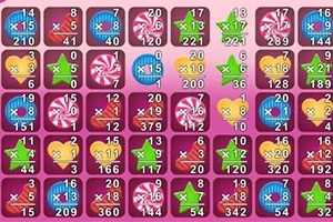 Interfaz de juego en pantalla con íconos de dulces, números y multiplicadores sobre un fondo rosa