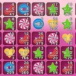 Interfaz de juego en pantalla con íconos de dulces, números y multiplicadores sobre un fondo rosa