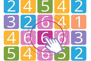 Iconos de números de colores en una cuadrícula con una mano señalando un número seis en el centro