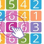 Iconos de números de colores en una cuadrícula con una mano señalando un número seis en el centro