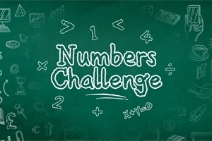 Texto Numbers Challenge en letras blancas sobre un fondo verde tipo pizarra con dibujos de números y símbolos matemáticos en tiza