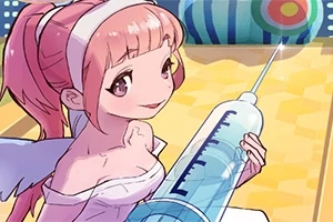 Personaje de anime sosteniendo una gran jeringa en un entorno colorido