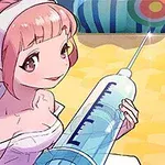 Personaje de anime sosteniendo una gran jeringa en un entorno colorido