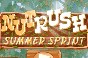 Título Nut Rush Summer Sprint en un letrero de madera con hojas verdes y un fondo de bosque
