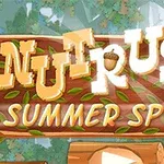 Título Nut Rush Summer Sprint en un letrero de madera con hojas verdes y un fondo de bosque