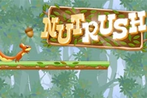 Una ardilla animada corre sobre una plataforma de madera en un bosque, con un letrero que dice Nut Rush