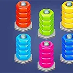 Seis tornillos de colores en filas sobre un fondo azul oscuro