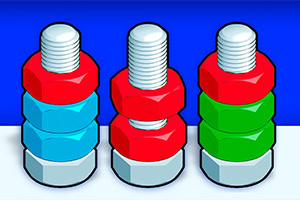 Tres pernos con tuercas apiladas en colores rojo, azul y verde sobre un fondo azul