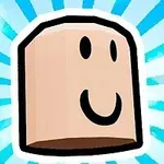 Cabeza de personaje cúbico sonriente con fondo de rayos azules y blancos