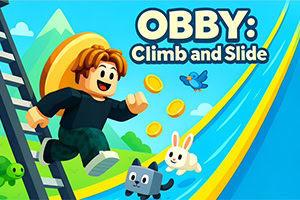 Personaje caricaturesco corriendo por una pista colorida con monedas, mascotas animadas y el texto OBBY: Climb and Slide