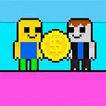 Dos personajes pixelados sosteniendo una moneda dorada grande, con un fondo de colores brillantes