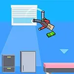 Un personaje de estilo pixelado vuela por una habitación azul sosteniendo un billete, con muebles simples y una cama visible