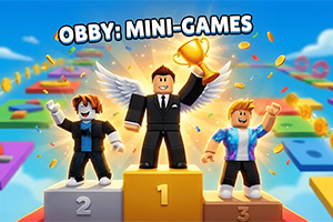 Tres personajes caricaturescos celebrando en un podio de ganadores con trofeo dorado y confeti, con el texto OBBY: MINI-GAMES sobre un fondo colorido