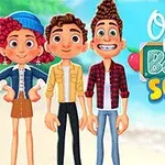 Tres personajes animados sonrientes con atuendos casuales, acompañados de un letrero que dice Ocean Kids Back to School sobre un fondo de playa y cielo azul