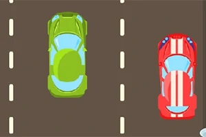 Dos autos de carrera, uno verde y otro rojo con franjas blancas, sobre una carretera de dos carriles
