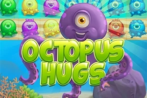 Pulpo morado de un solo ojo sonriendo, rodeado de criaturas coloridas en un entorno submarino, con texto grande en el centro