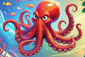 Pulpo rojo caricaturesco con ojos grandes rodeado de peces de colores en un ambiente submarino vibrante