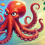 Pulpo rojo caricaturesco con ojos grandes rodeado de peces de colores en un ambiente submarino vibrante