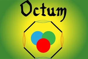 Diseño con un hexágono negro, tres círculos superpuestos (azul, verde y rojo) en el centro, y la palabra Octum en la parte superior sobre un fondo verde
