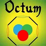Diseño con un hexágono negro, tres círculos superpuestos (azul, verde y rojo) en el centro, y la palabra Octum en la parte superior sobre un fondo verde