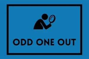 Silueta de figura humana con lupa y texto ODD ONE OUT sobre fondo azul