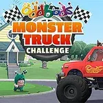 Camioneta monstruo roja con personajes coloridos y banderas a cuadros en un vecindario suburbano