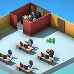 Oficina isométrica con escritorios, computadoras, y trabajadores, más una sala de jefe separada por paredes