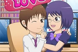 Pareja de personajes de estilo animado sentados frente a una computadora con un letrero de LOVE arriba