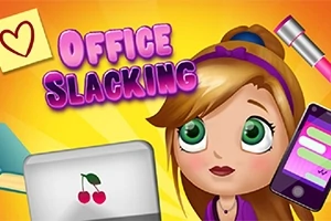 Una ilustración de una joven con pelo castaño y ojos verdes rodeada de objetos de oficina coloridos como una laptop, un teléfono móvil y un bolígrafo, con el texto Office Slacking