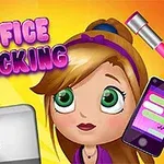 Una ilustración de una joven con pelo castaño y ojos verdes rodeada de objetos de oficina coloridos como una laptop, un teléfono móvil y un bolígrafo, con el texto Office Slacking
