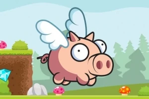 Cerdo caricaturesco con alas volando en un paisaje de dibujos animados con árboles y hongos coloridos