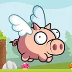 Cerdo caricaturesco con alas volando en un paisaje de dibujos animados con árboles y hongos coloridos