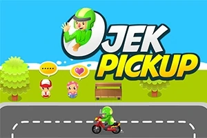 Jugador en traje verde conduciendo una motocicleta roja en una carretera, con personajes y un banco al fondo junto a un logotipo colorido