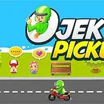 Jugador en traje verde conduciendo una motocicleta roja en una carretera, con personajes y un banco al fondo junto a un logotipo colorido