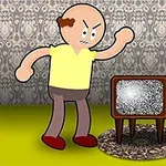 Hombre enojado con camiseta amarilla, alzando el puño frente a una televisión con estática en una habitación con papel tapiz y un cuadro al fondo
