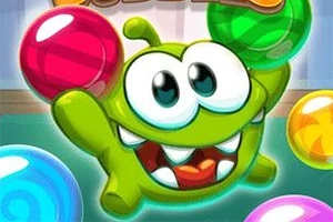 Personaje verde con grandes ojos y dientes afilados sostiene una esfera de colores brillantes en un entorno de burbujas coloridas