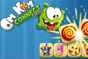 Personaje verde con grandes ojos y boca abierta deslizando caramelos brillantes en un fondo azul con texto en inglés