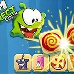 Personaje verde con grandes ojos y boca abierta deslizando caramelos brillantes en un fondo azul con texto en inglés