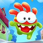 Un personaje verde con cresta roja y expresión alegre salta en una colorida calle con edificios a los lados y cielo azul de fondo
