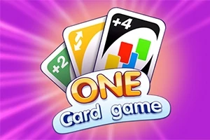 Cartas de colores con símbolos de acción y texto ONE Card game sobre un fondo morado vibrante