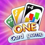 Cartas de colores con símbolos de acción y texto ONE Card game sobre un fondo morado vibrante