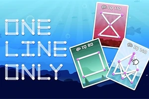 Tarjetas de rompecabezas geométricos con líneas y puntos conectados sobre un fondo azul, junto al texto ONE LINE ONLY