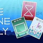 Tarjetas de rompecabezas geométricos con líneas y puntos conectados sobre un fondo azul, junto al texto ONE LINE ONLY