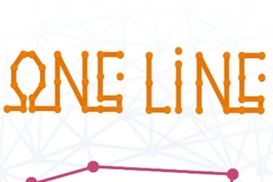 La imagen muestra el texto ONE LINE en colores naranjas con un diseño de puntos conectados, sobre un fondo de líneas geométricas y puntos morados