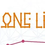 La imagen muestra el texto ONE LINE en colores naranjas con un diseño de puntos conectados, sobre un fondo de líneas geométricas y puntos morados