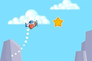 Un avión pequeño volando hacia una estrella dorada en un cielo azul con nubes y montañas en el fondo